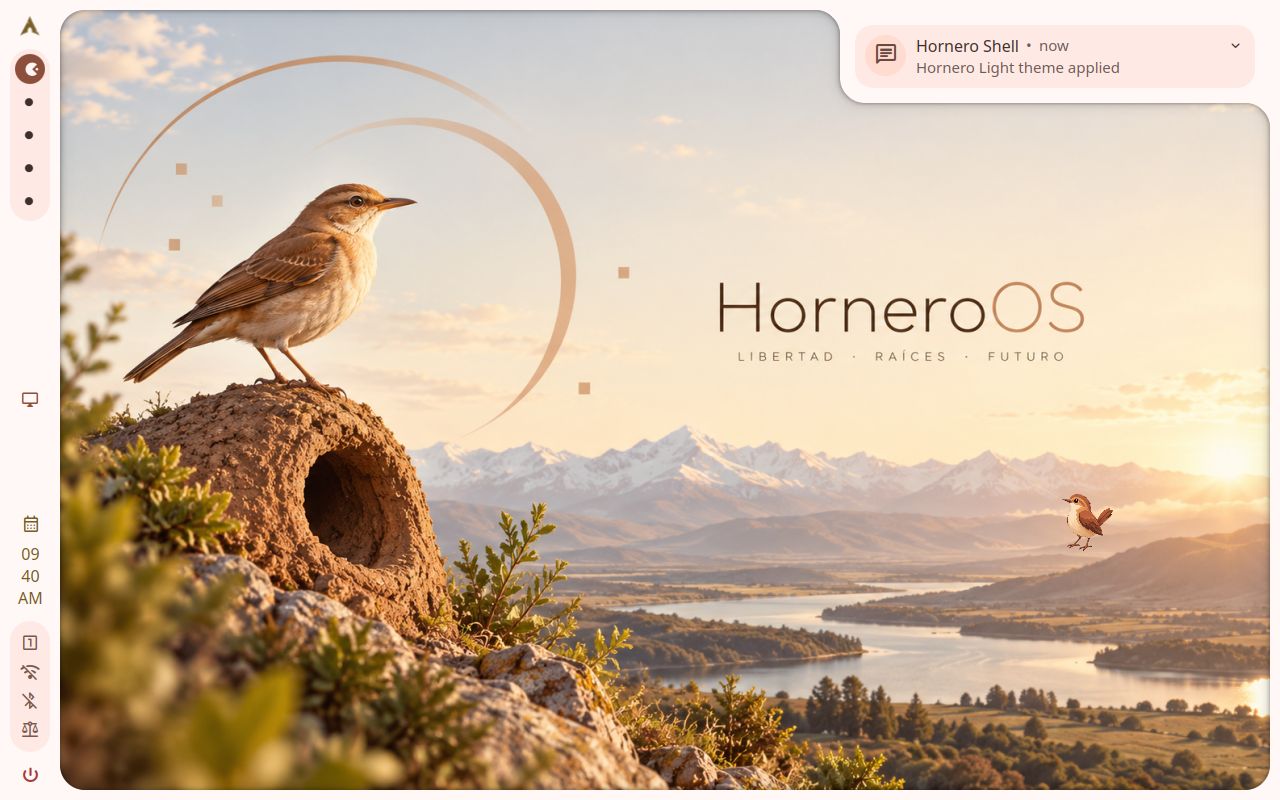 Hornero Light running with a slim side rail over a sunlit Patagonian landscape; a shell notification confirms the theme was applied.
